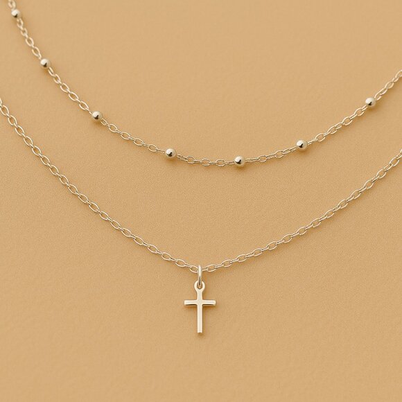 Layered Real Sterling Silver Cross Necklace: Dainty Beaded Chain, Christian - Picture 6 of 7